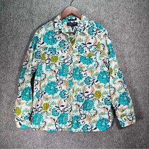 Jones New York Blue Floral Signature Stretch Button Up Long Sleeve Womens Medium
